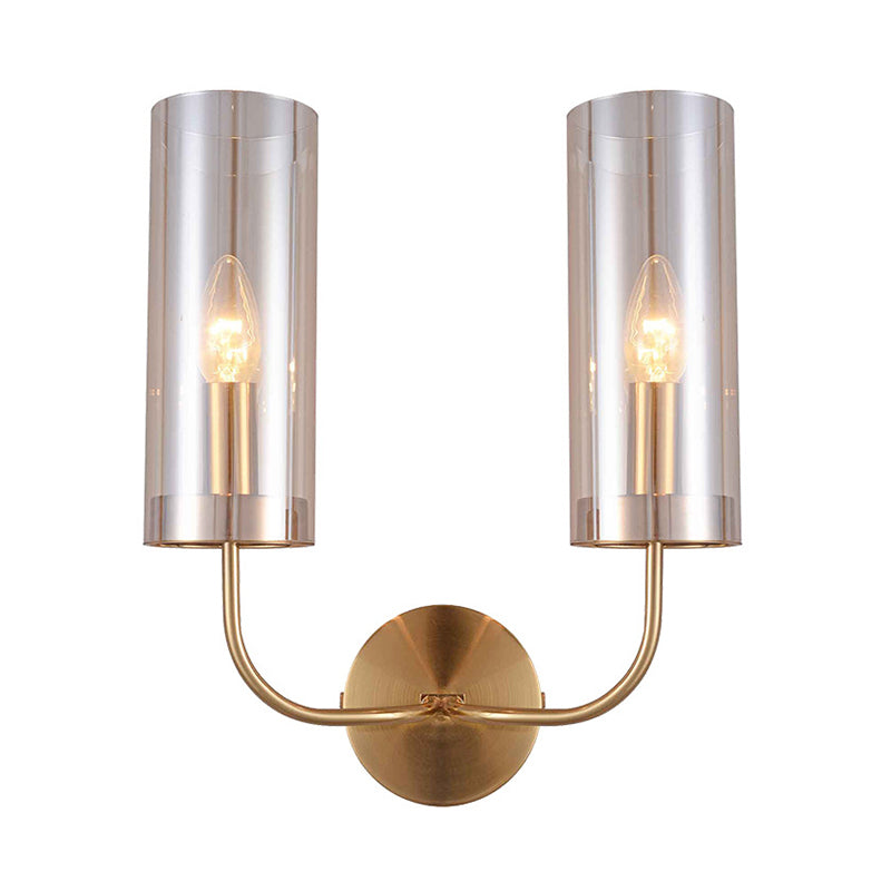 Cognac -Glaszylinderlinderleuchte modernistische 2 Lampenmontagelampe in Gold mit metallischem Arm