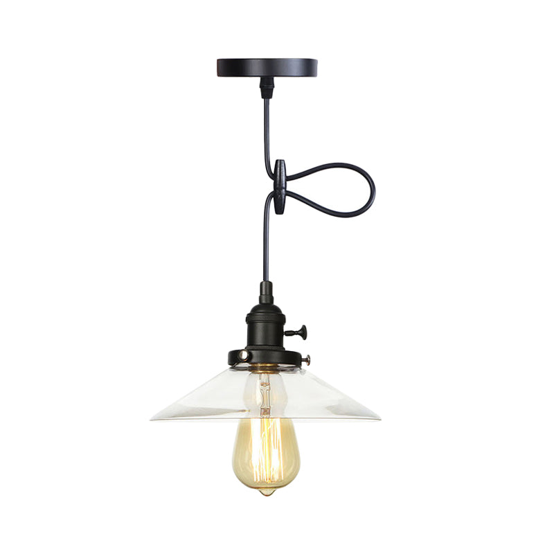 Farmhouse Style Cone Pendant Lamp Metallic and Clear Glass 1 Bulb Indoor Height Adjustable Ceiling Light in Black/Bronze/Brass