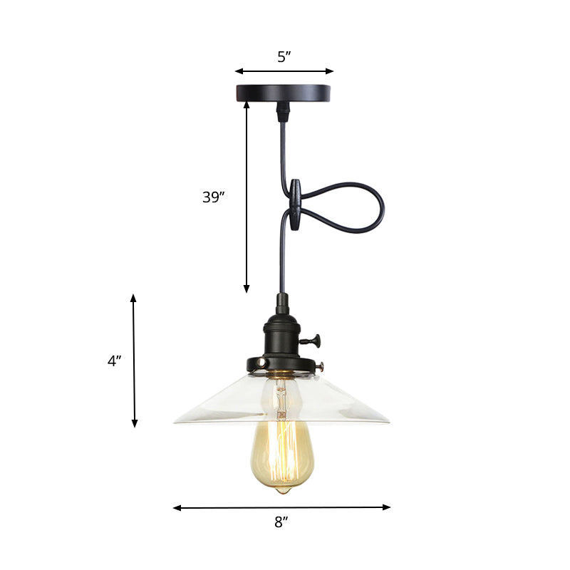 Farmhouse Style Cone Pendant Lamp Metallic and Clear Glass 1 Bulb Indoor Height Adjustable Ceiling Light in Black/Bronze/Brass
