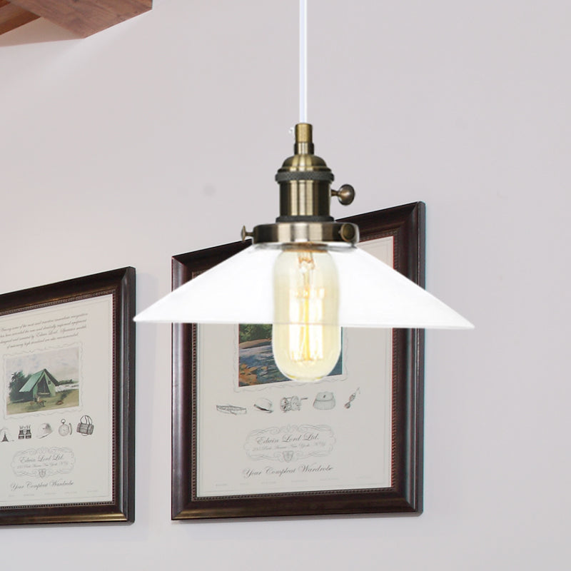 Farmhouse Style Cone Pendant Lamp Metallic and Clear Glass 1 Bulb Indoor Height Adjustable Ceiling Light in Black/Bronze/Brass