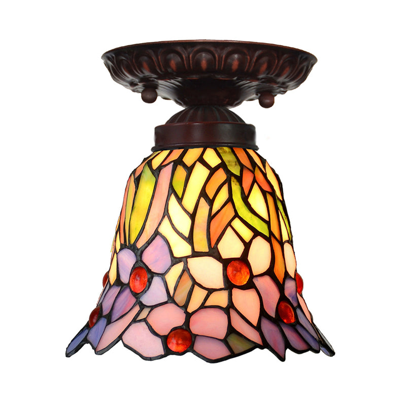 1 Bétail léger Fixation de la lumière victorienne Bell Rose Rose / Blue Stained Glass Ceiling Lamp for Bedroom