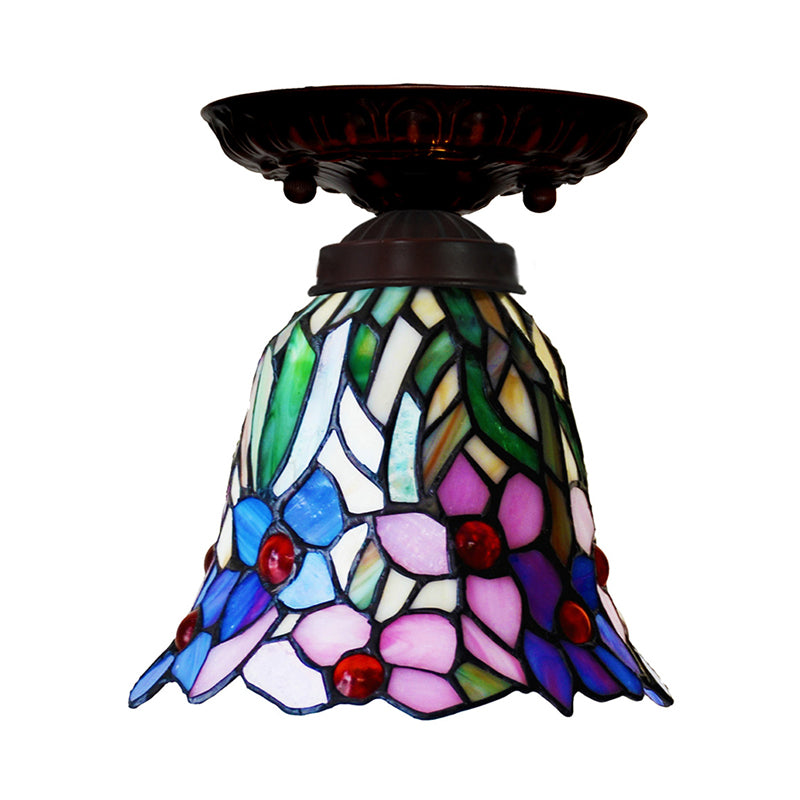 1 Bétail léger Fixation de la lumière victorienne Bell Rose Rose / Blue Stained Glass Ceiling Lamp for Bedroom