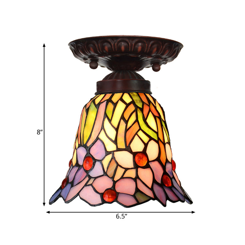 1 Bétail léger Fixation de la lumière victorienne Bell Rose Rose / Blue Stained Glass Ceiling Lamp for Bedroom