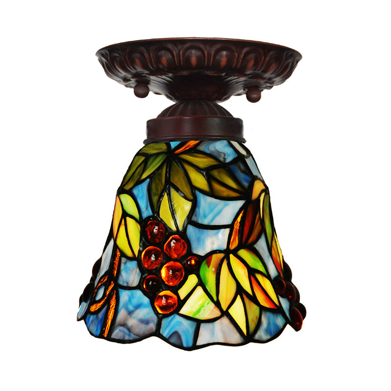 1 Bétail léger Fixation de la lumière victorienne Bell Rose Rose / Blue Stained Glass Ceiling Lamp for Bedroom