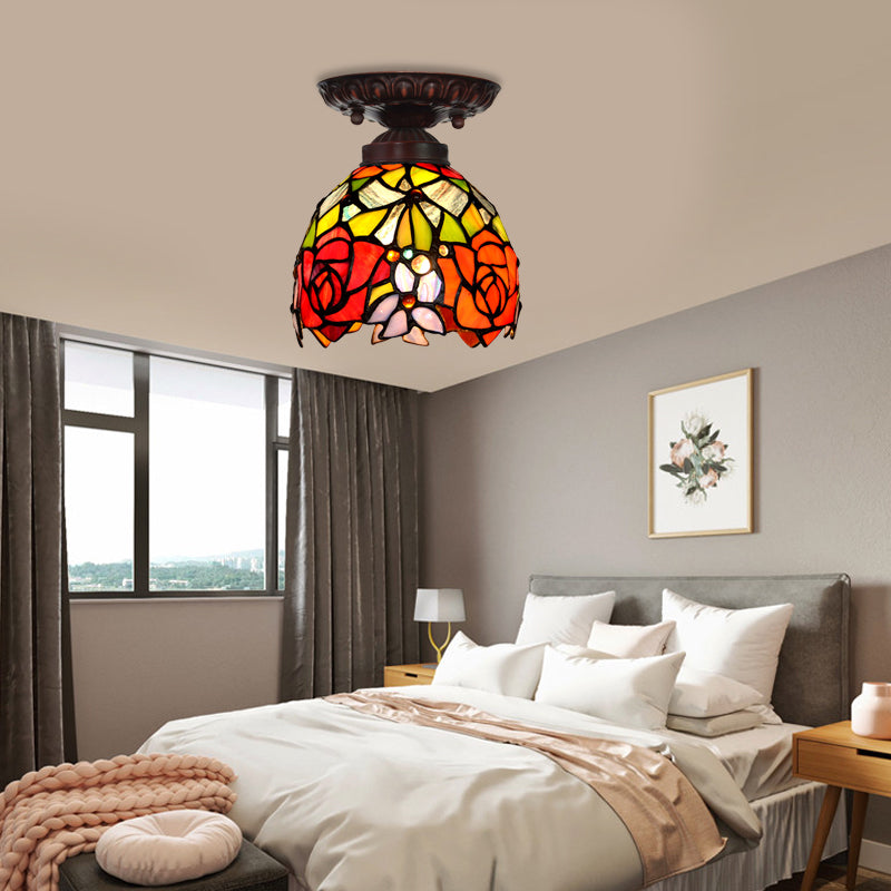 Victorian Domed Ceiling Mounted Light 1 Light Red/Pink/Orange Stained Glass Flushmount for Corridor
