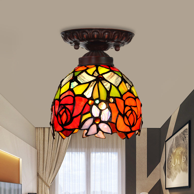 Victorian Domed Ceiling Mounted Light 1 Light Red/Pink/Orange Stained Glass Flushmount for Corridor