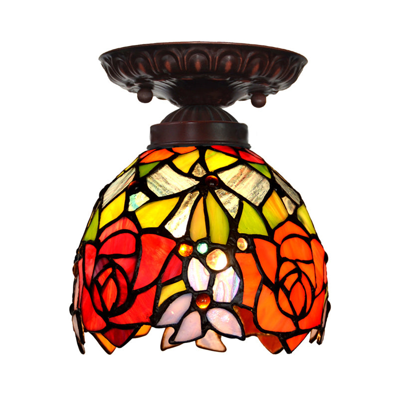 Victorian Domed Ceiling Mounted Light 1 Light Red/Pink/Orange Stained Glass Flushmount for Corridor
