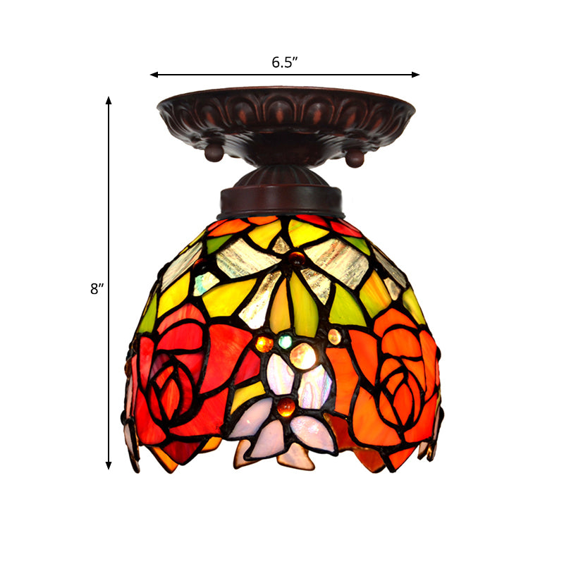 Victorian Domed Ceiling Mounted Light 1 Light Red/Pink/Orange Stained Glass Flushmount for Corridor