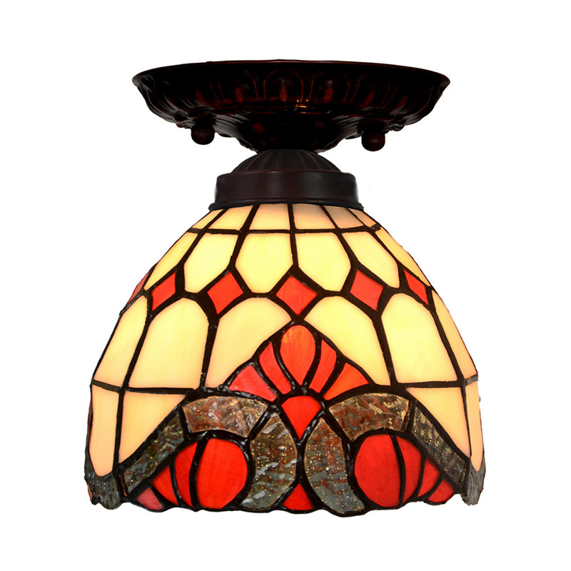 Victorian Domed Ceiling Mounted Light 1 Light Red/Pink/Orange Stained Glass Flushmount for Corridor