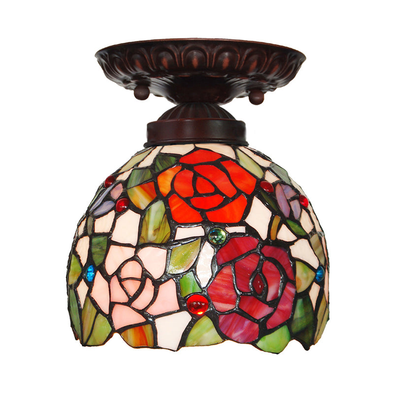 Victorian Domed Ceiling Mounted Light 1 Light Red/Pink/Orange Stained Glass Flushmount for Corridor