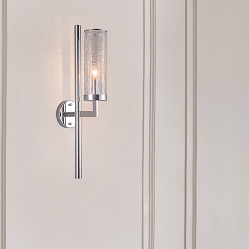 Armed Wall Lamp Modern Metal 1 Head Chrome Sconce Light Fixture with Crackle Glass Shade