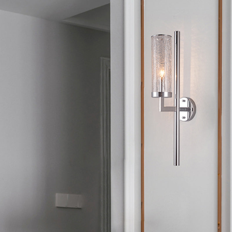 Armed Wall Lamp Modern Metal 1 Head Chrome Sconce Light Fixture with Crackle Glass Shade