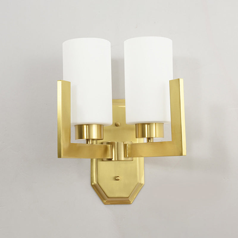 Modernist 2 Heads Sconce Light Gold Cylinder Wall Mounted Lamp with Milk Glass Shade