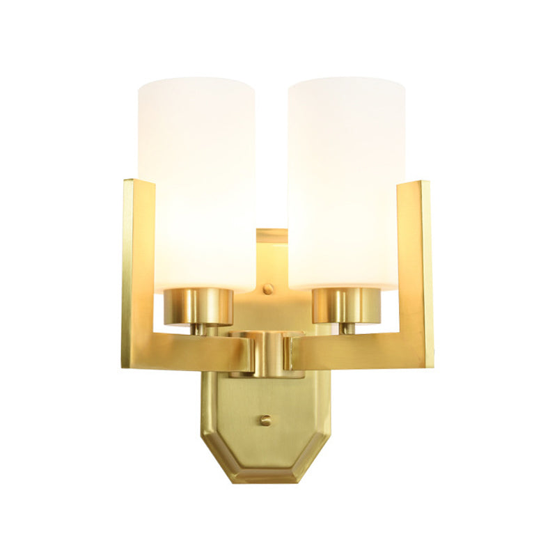 Modernist 2 Heads Sconce Light Gold Cylinder Wall Mounted Lamp with Milk Glass Shade