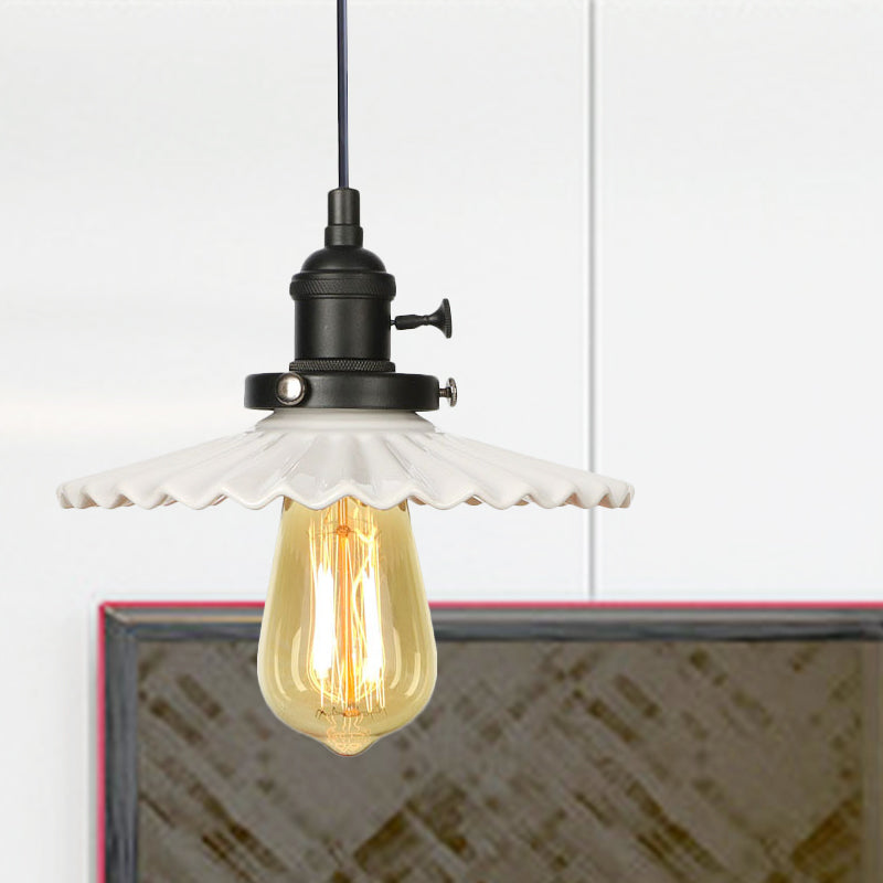 Industrial Scalloped Edge Hanging Light Fixture Ceramic 1 Bulb Dining Room Pendant Ceiling Light in Black/Bronze/Brass