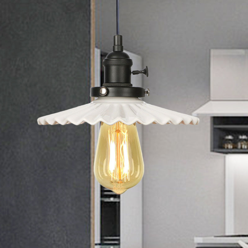 Industrial Scalloped Edge Hanging Light Fixture Ceramic 1 Bulb Dining Room Pendant Ceiling Light in Black/Bronze/Brass