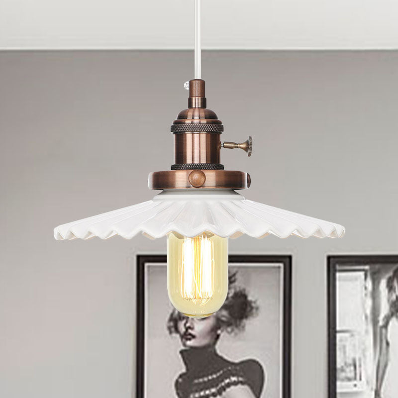Industrial Scalloped Edge Hanging Light Fixture Ceramic 1 Bulb Dining Room Pendant Ceiling Light in Black/Bronze/Brass