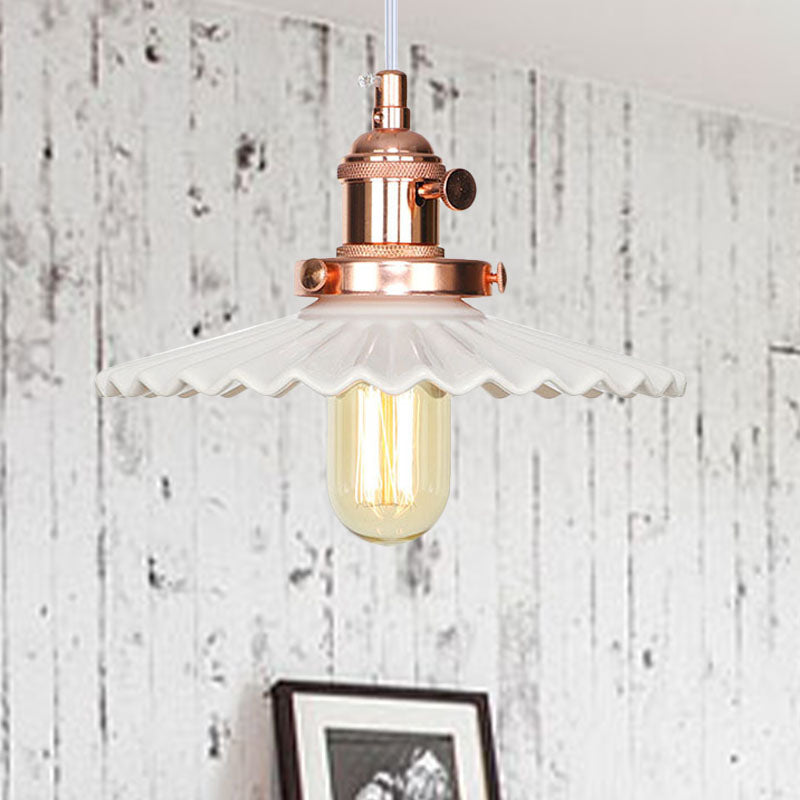 Industrial Scalloped Edge Hanging Light Fixture Ceramic 1 Bulb Dining Room Pendant Ceiling Light in Black/Bronze/Brass