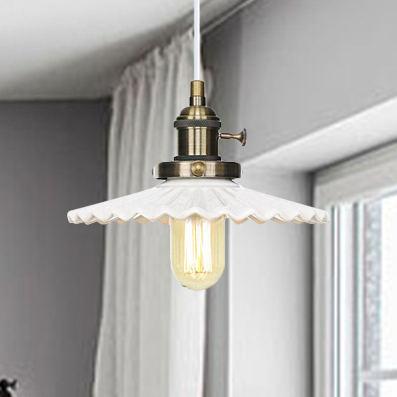 Industrial Scalloped Edge Hanging Light Fixture Ceramic 1 Bulb Dining Room Pendant Ceiling Light in Black/Bronze/Brass