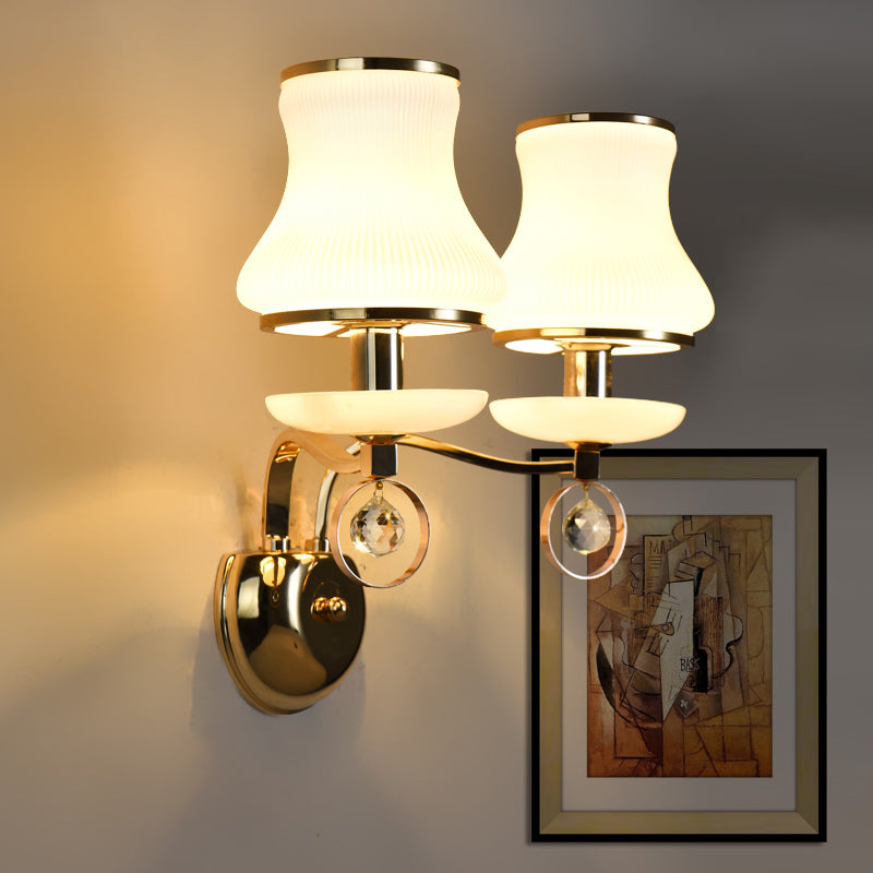 White Glass Flared Sconce Light Modernist 2 Bulbs Wall Mounted Lighting in Gold with Metal Arm