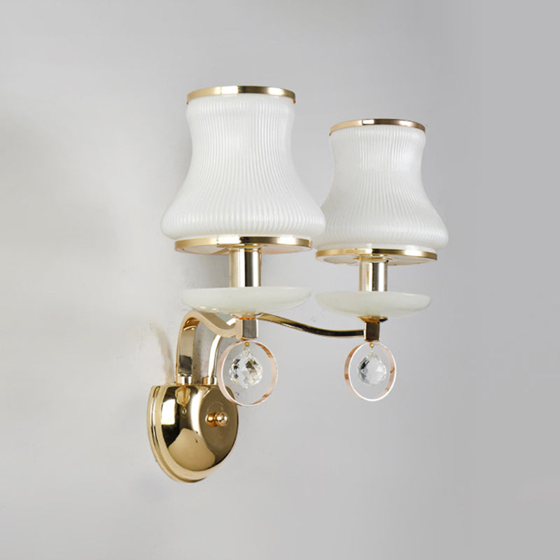 White Glass Flared Sconce Light Modernist 2 Bulbs Wall Mounted Lighting in Gold with Metal Arm