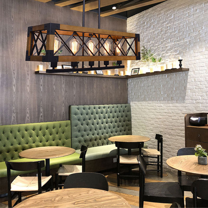 Marco de hierro luz de la isla negra en la luz colgante de madera de madera de estilo retro industrial para el comedor