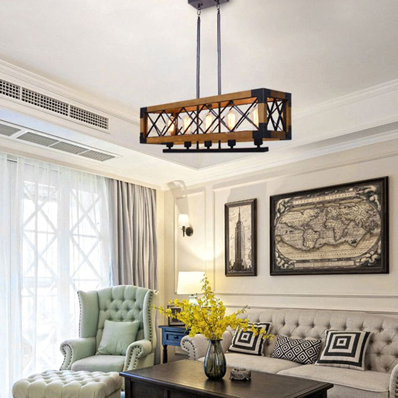 Marco de hierro luz de la isla negra en la luz colgante de madera de madera de estilo retro industrial para el comedor