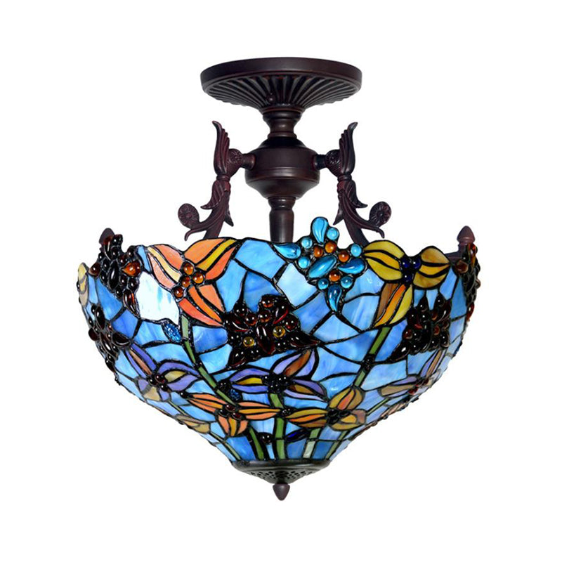 3 Lights Domed Semi Mount Lighting Victorian Blue/Light Blue Stained Glass Ceiling Light Fixture for Kitchen