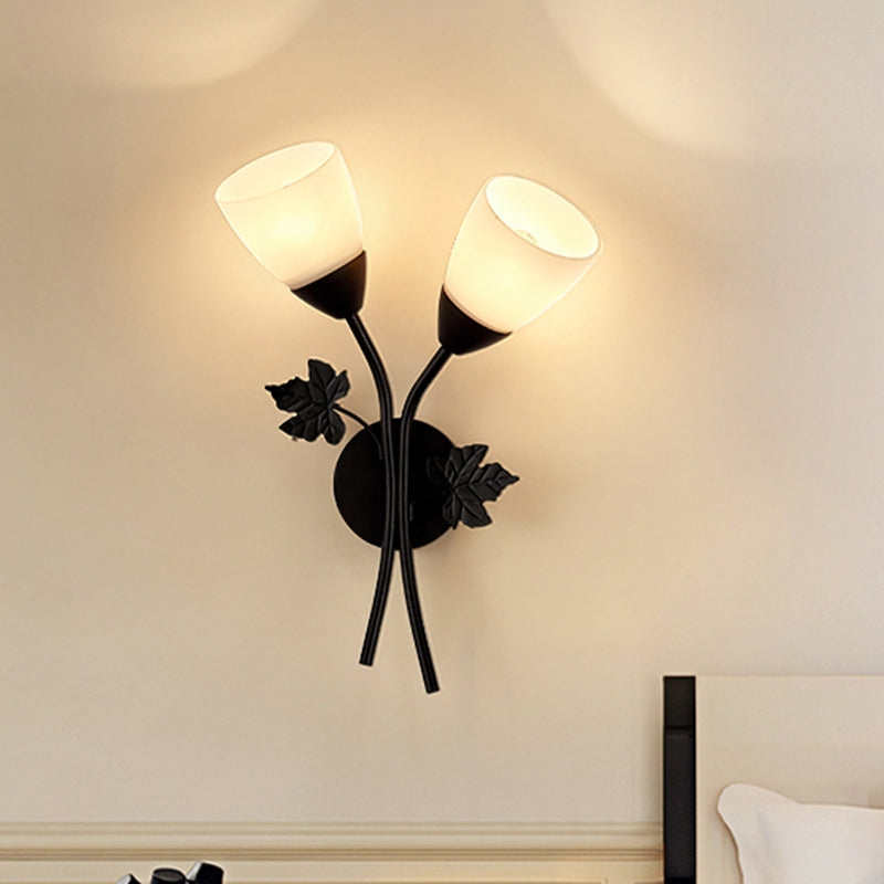 Floral Wall Lamp Modernist Milk Glass 2 Bulbs Black/Gold Sconce Light Fixture with Metal Leaf