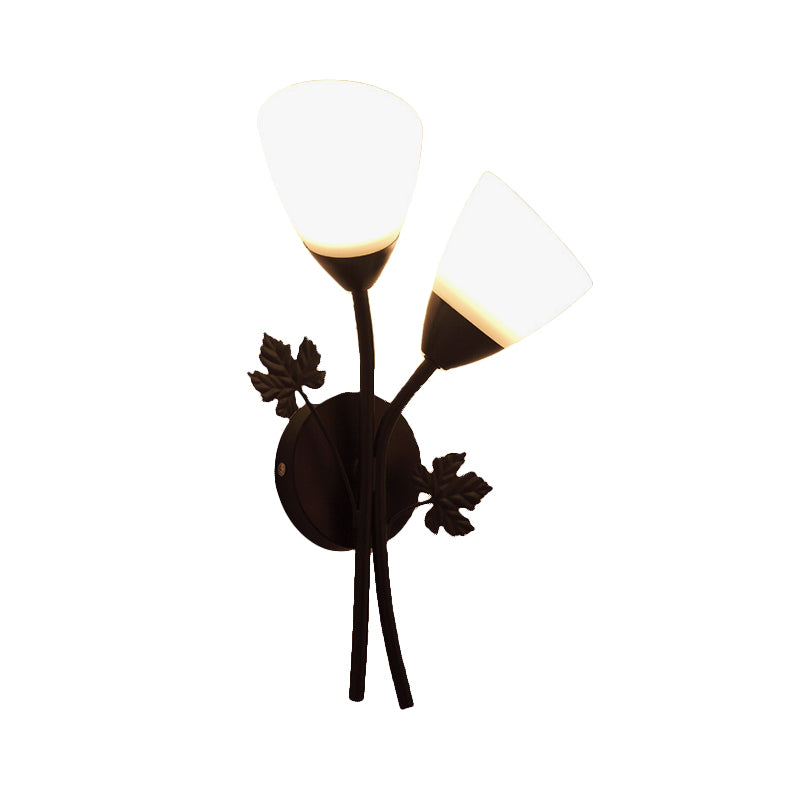 Floral Wall Lamp Modernist Milk Glass 2 Bulbs Black/Gold Sconce Light Fixture with Metal Leaf