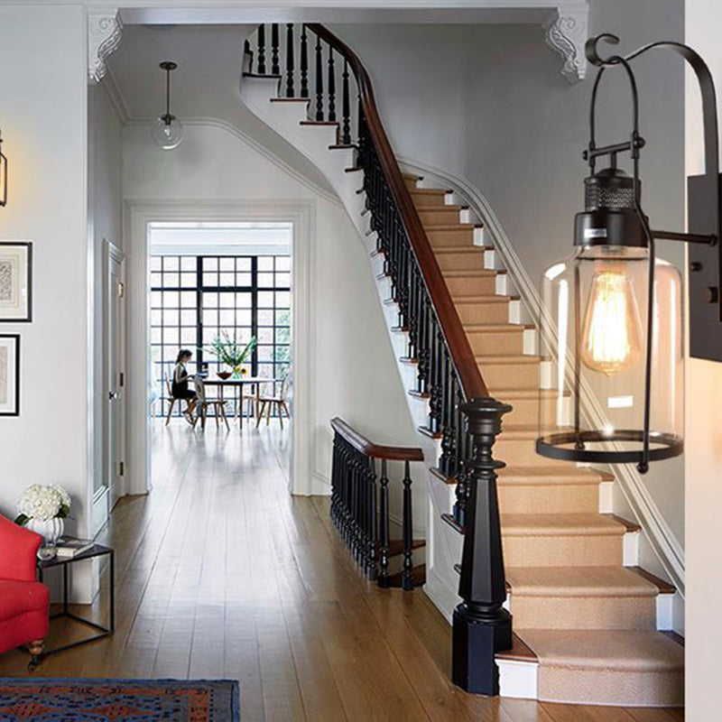 Industrial Vintage Single Wall Light Wrought Iron Indoor Wall Lamp with Clear Glass Shade
