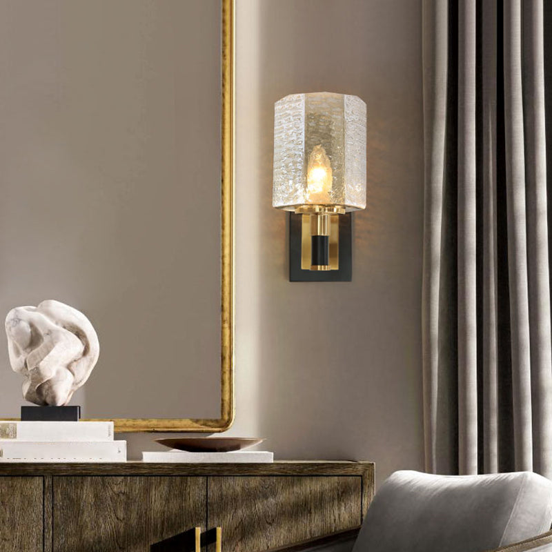 Black and Gold Wall Lamp in Modern Luxury Style Iron Inverted Wall Light with Ripple Glass Shade