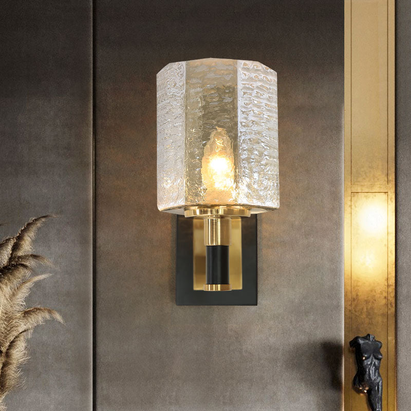 Black and Gold Wall Lamp in Modern Luxury Style Iron Inverted Wall Light with Ripple Glass Shade