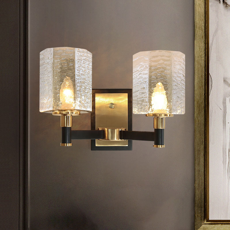 Black and Gold Wall Lamp in Modern Luxury Style Iron Inverted Wall Light with Ripple Glass Shade