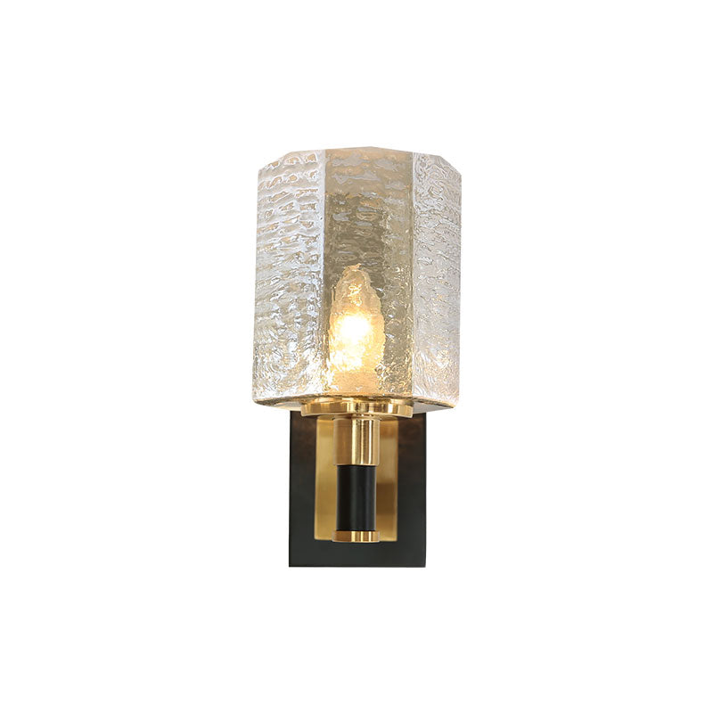 Black and Gold Wall Lamp in Modern Luxury Style Iron Inverted Wall Light with Ripple Glass Shade