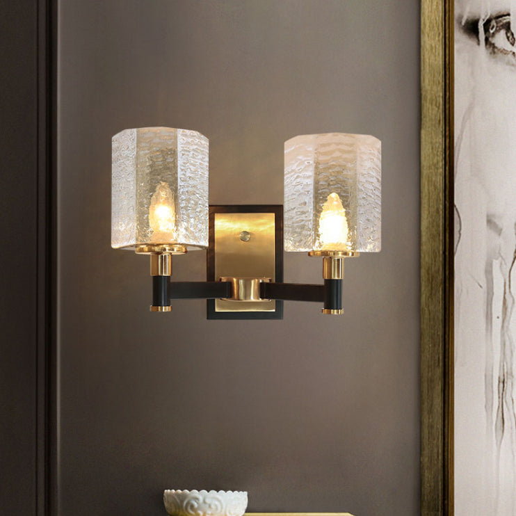 Black and Gold Wall Lamp in Modern Luxury Style Iron Inverted Wall Light with Ripple Glass Shade