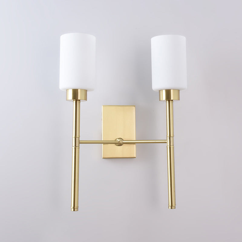 2 Bulbs Pencil Arm Sconce Contemporary Metal Wall Mounted Light Fixture in Brass with White Glass Shade