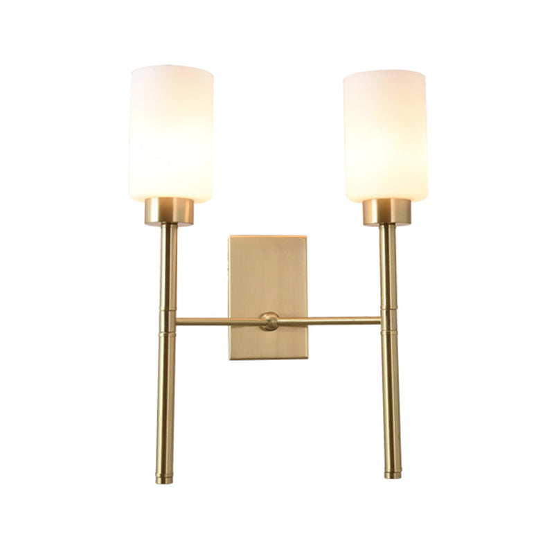 2 Bulbs Pencil Arm Sconce Contemporary Metal Wall Mounted Light Fixture in Brass with White Glass Shade