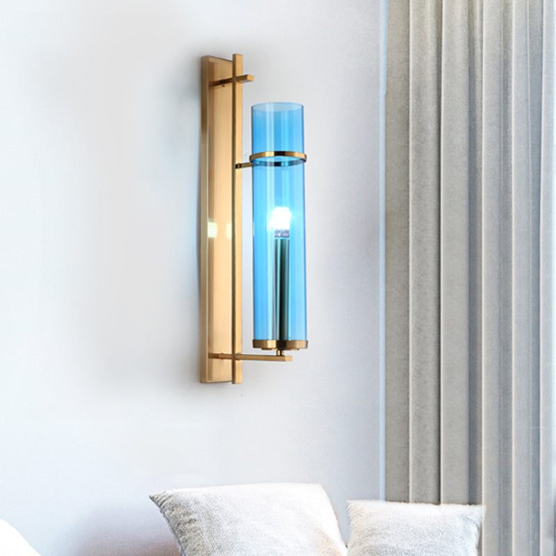 Cylinder Living Room Sconce Blue Glass 1 Head Modernism Wall Mount Light Fixture