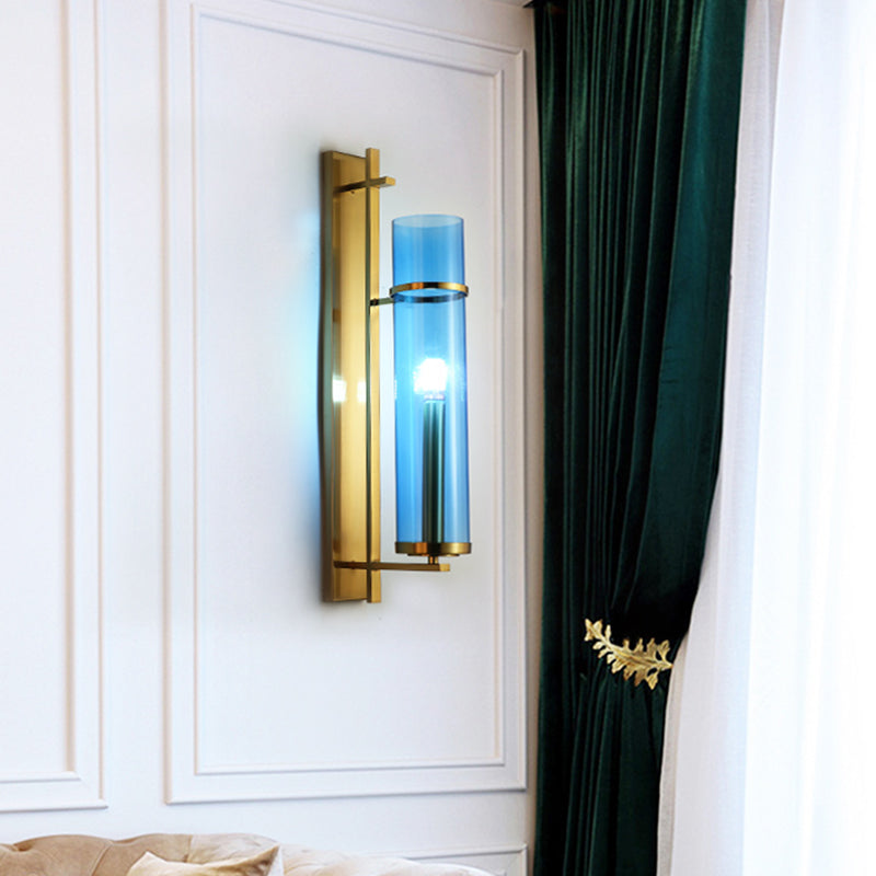 Cylinder Living Room Sconce Blue Glass 1 Head Modernism Wall Mount Light Fixture