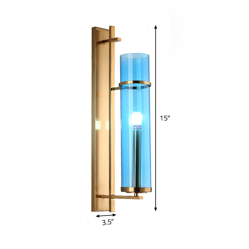 Cylinder Living Room Sconce Blue Glass 1 Head Modernism Wall Mount Light Fixture