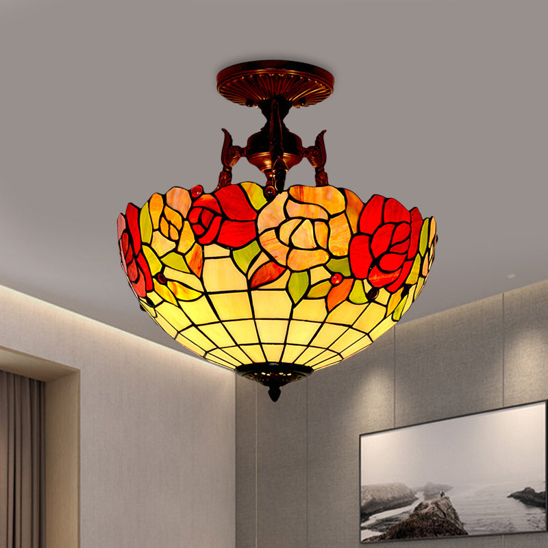3 lichten semi -spoelmediterrane bloem wit/rood/geel gebrandschilderd glazen plafond gemonteerd licht voor slaapkamer