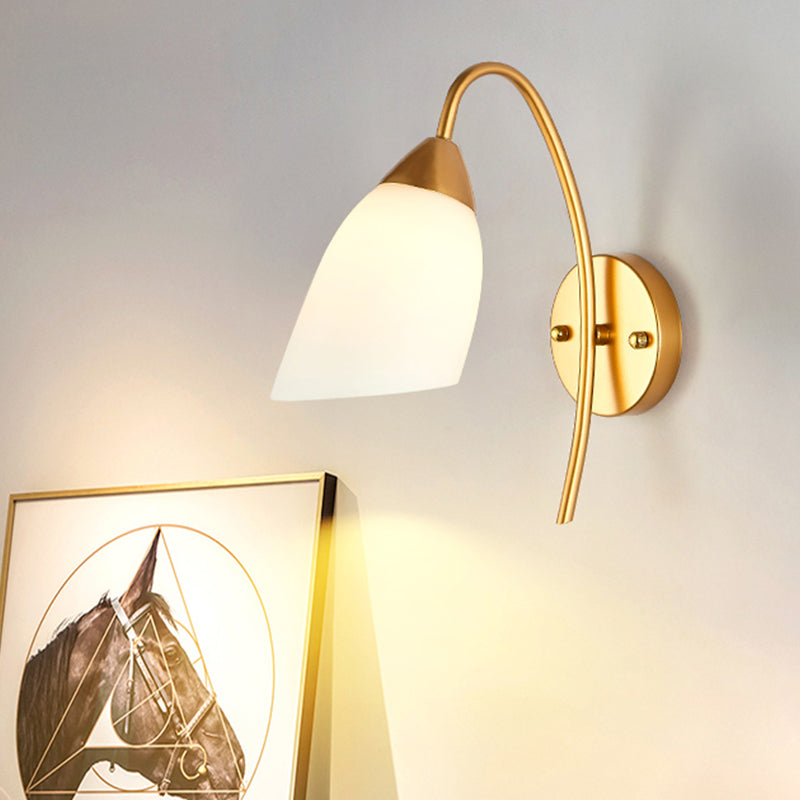 1 Head Bedroom Sconce Light Modernism Gold Wall Mount Lamp with Flare White Glass Shade