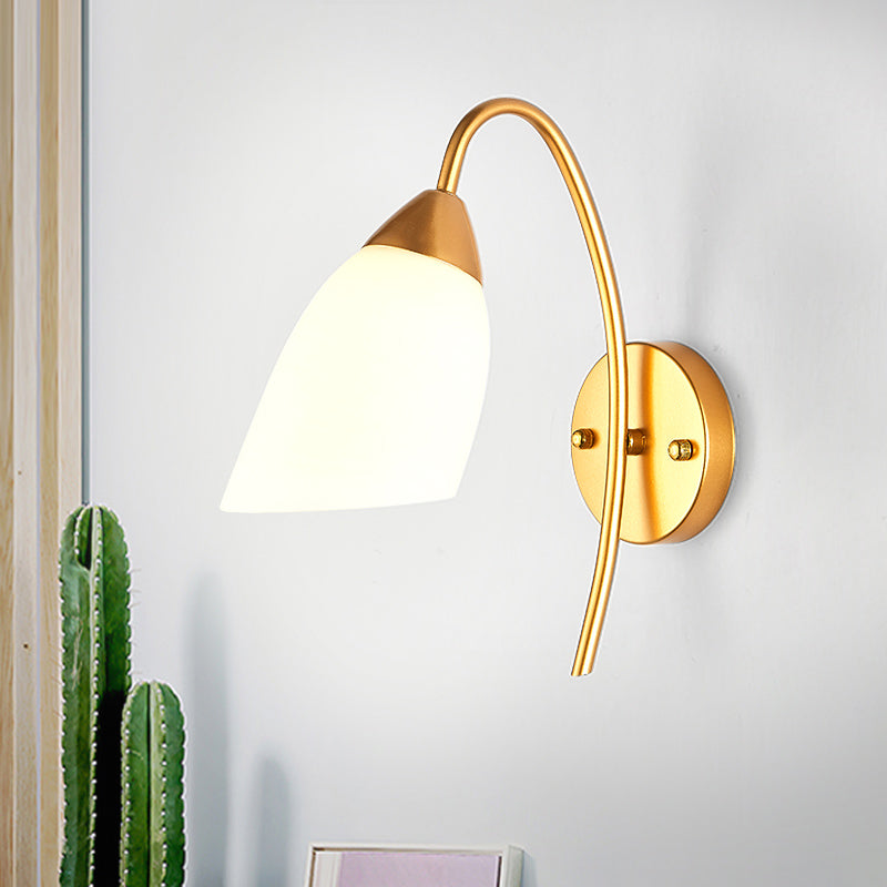 1 Head Bedroom Sconce Light Modernism Gold Wall Mount Lamp with Flare White Glass Shade