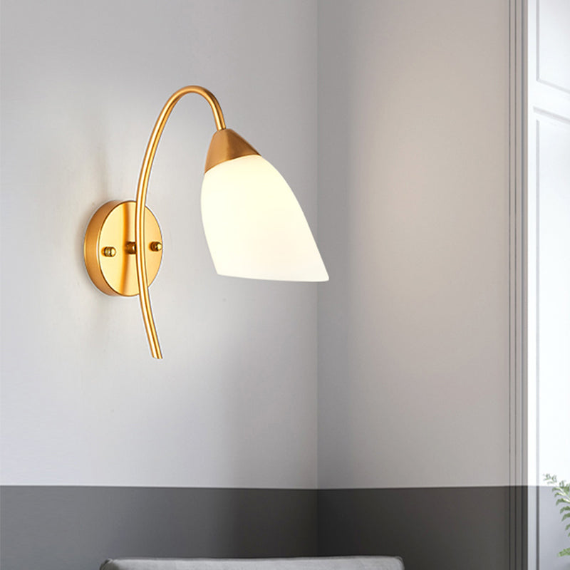 1 Head Bedroom Sconce Light Modernism Gold Wall Mount Lamp with Flare White Glass Shade
