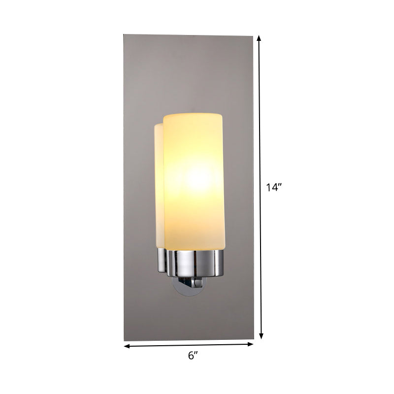 Opal Glass Tube Wall Lighting Modern 1 Head Chrome Sconce Light Fixture with Rectangle Metal Backplate
