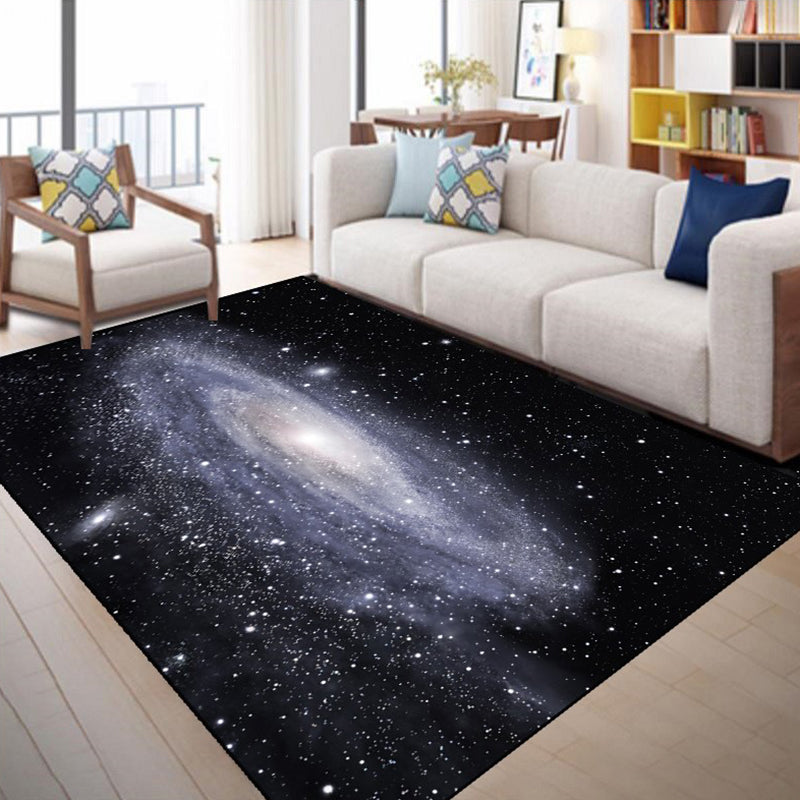 Calming 3D Universe Print Rug Black Tone Polyester Area Carpet Non-Slip Backing Rug for Living Room