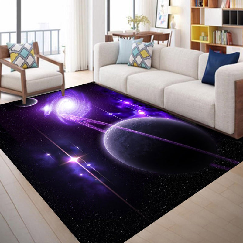 Calming 3D Universe Print Rug Black Tone Polyester Area Carpet Non-Slip Backing Rug for Living Room