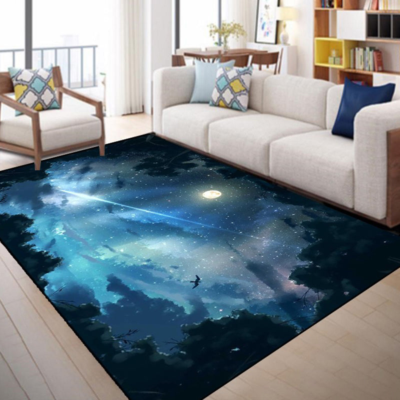 Calming 3D Universe Print Rug Black Tone Polyester Area Carpet Non-Slip Backing Rug for Living Room