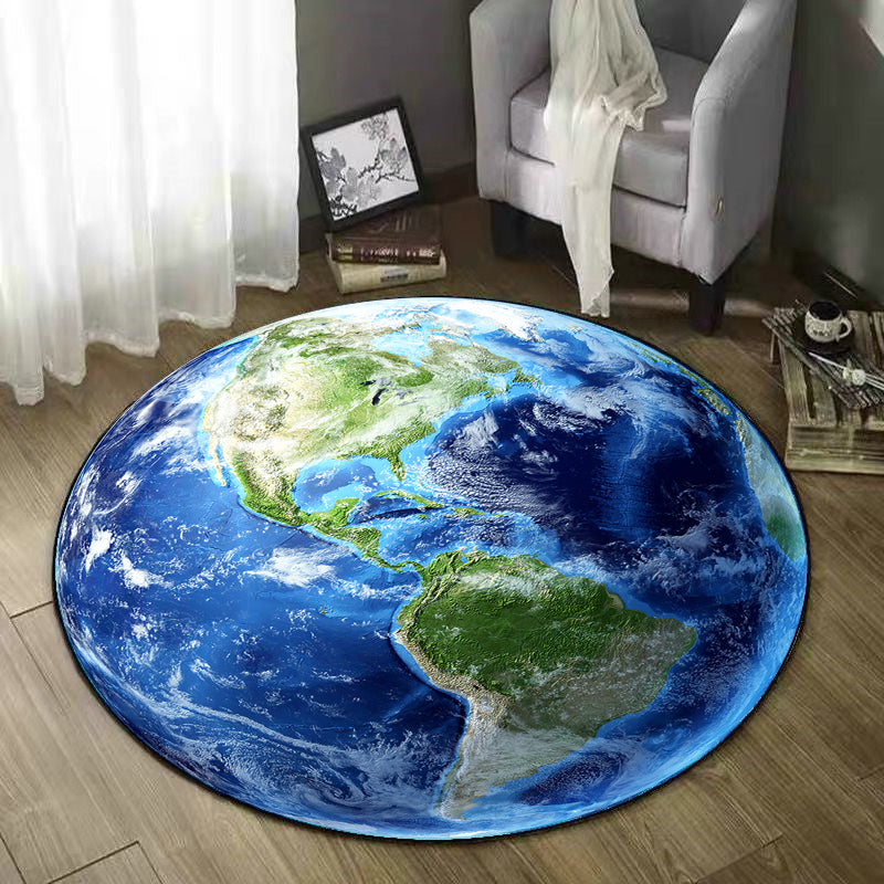 Round Blue Tone Earth Print Rug Polyester Carpet Creative Stain Resistant Indoor Rug for Living Room